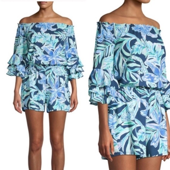 Lilly Pulitzer Blue Teal Calla Off The Shoulder Romper - Picture 5 of 14